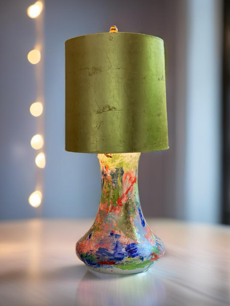 Hand-painted lamp base by Cindy Trestman featuring colorful abstract brushstrokes and artistic texture with a modern green lampshade.