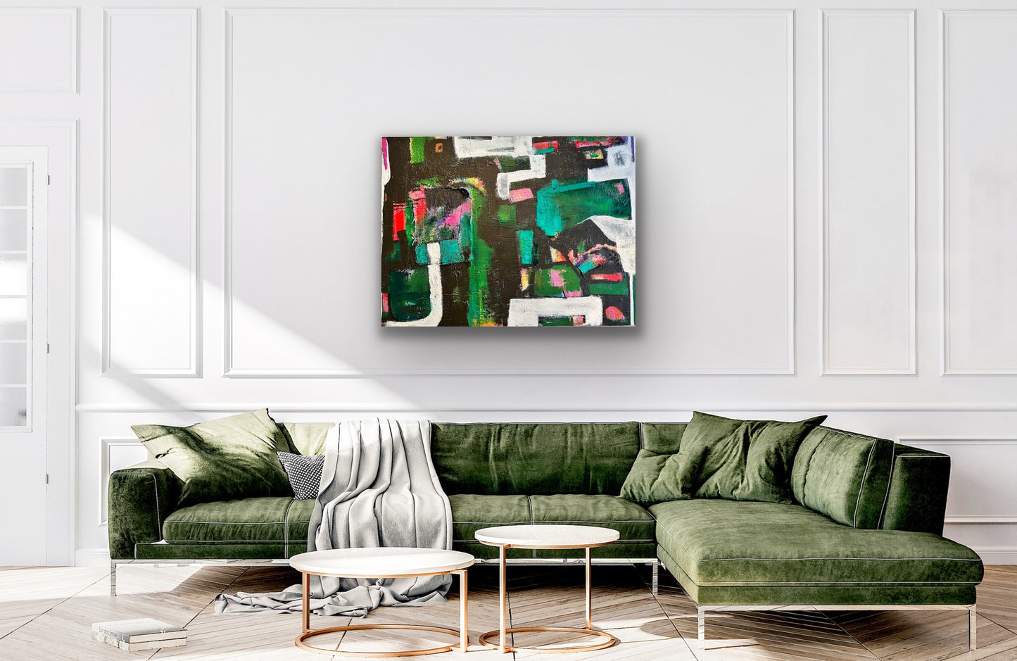 Green Geometric Large Canvas Painting by Cindy Trestman Dining Room Artwork