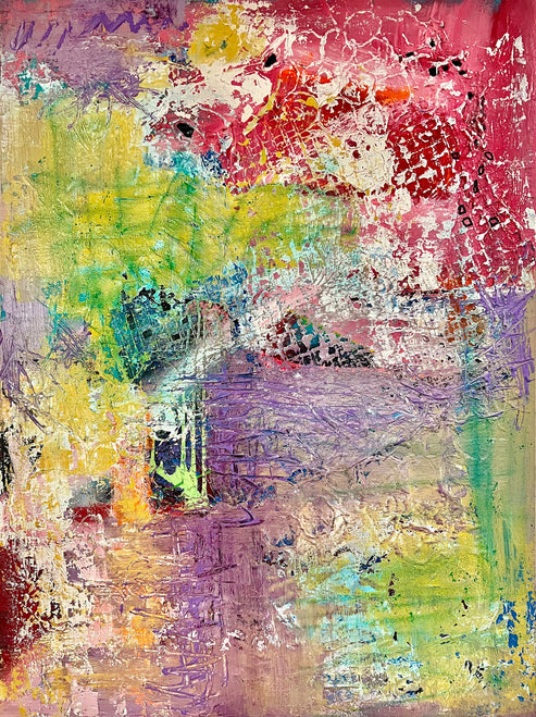 Textured abstract painting with layered purple, yellow, pink, and white on a 30x40 inch canvas by Cindy Trestman, featuring soft movement and tactile depth.