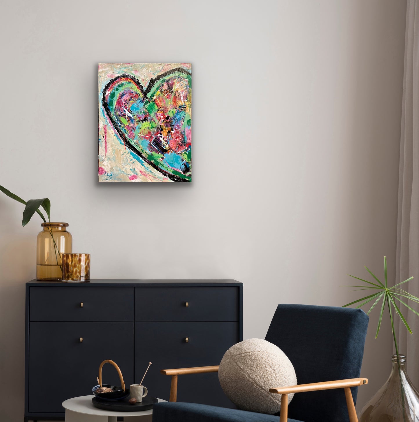 Textured abstract heart painting in vibrant colors like teal, pink, green, and red on an 18x24 inch canvas by Cindy Trestman 4