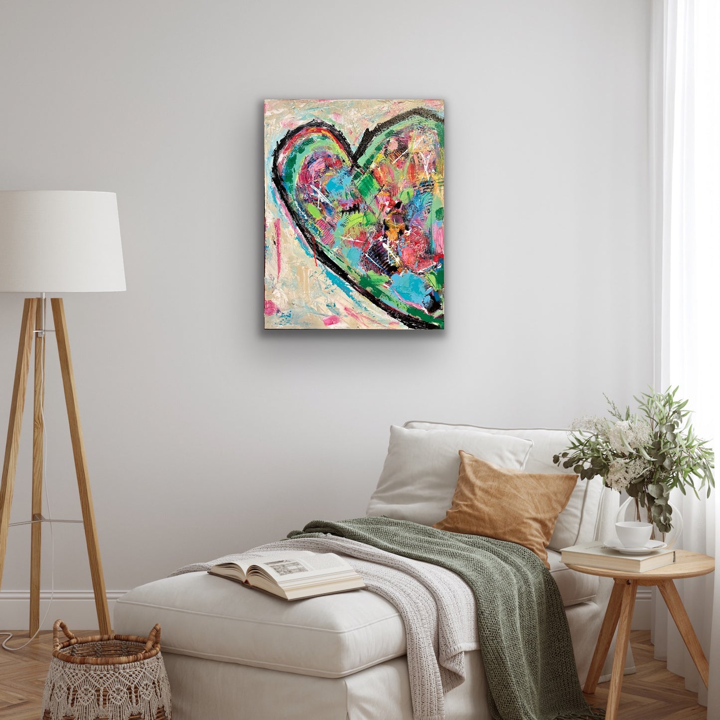 Textured abstract heart painting in vibrant colors like teal, pink, green, and red on an 18x24 inch canvas by Cindy Trestman. 3