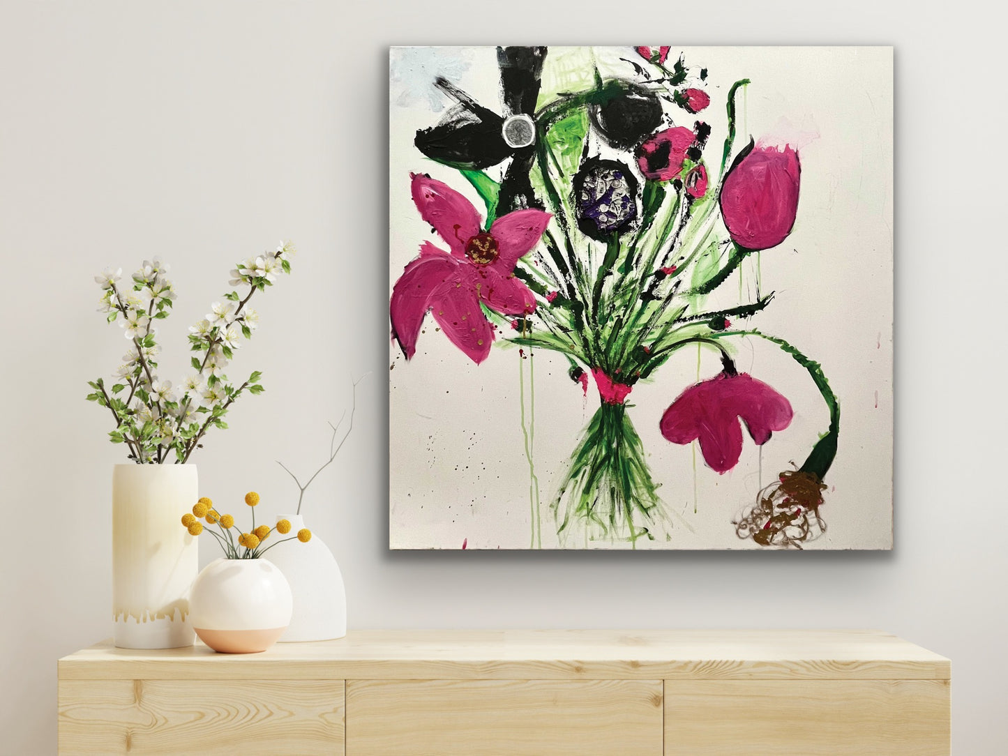 Colorful Textured Abstract Painting Bouquet By Cindy Trestman Console