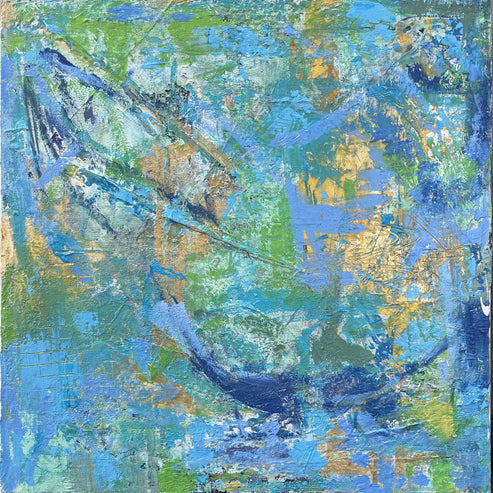 Vibrant abstract painting with layered textures, peace signs, hearts, and the word "love" in pink, red, yellow, teal, and black on a 38x46 inch canvas.