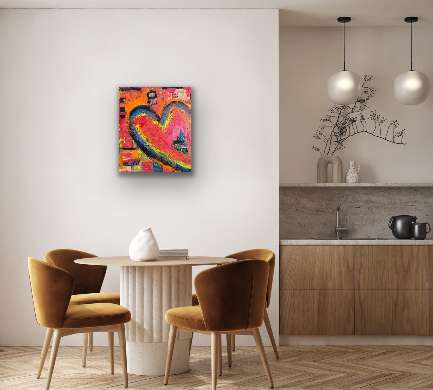 Textured abstract heart painting with vibrant shades of red, orange, yellow, blue, and pink on an 18x24 inch canvas by Cindy Trestman Dining Room