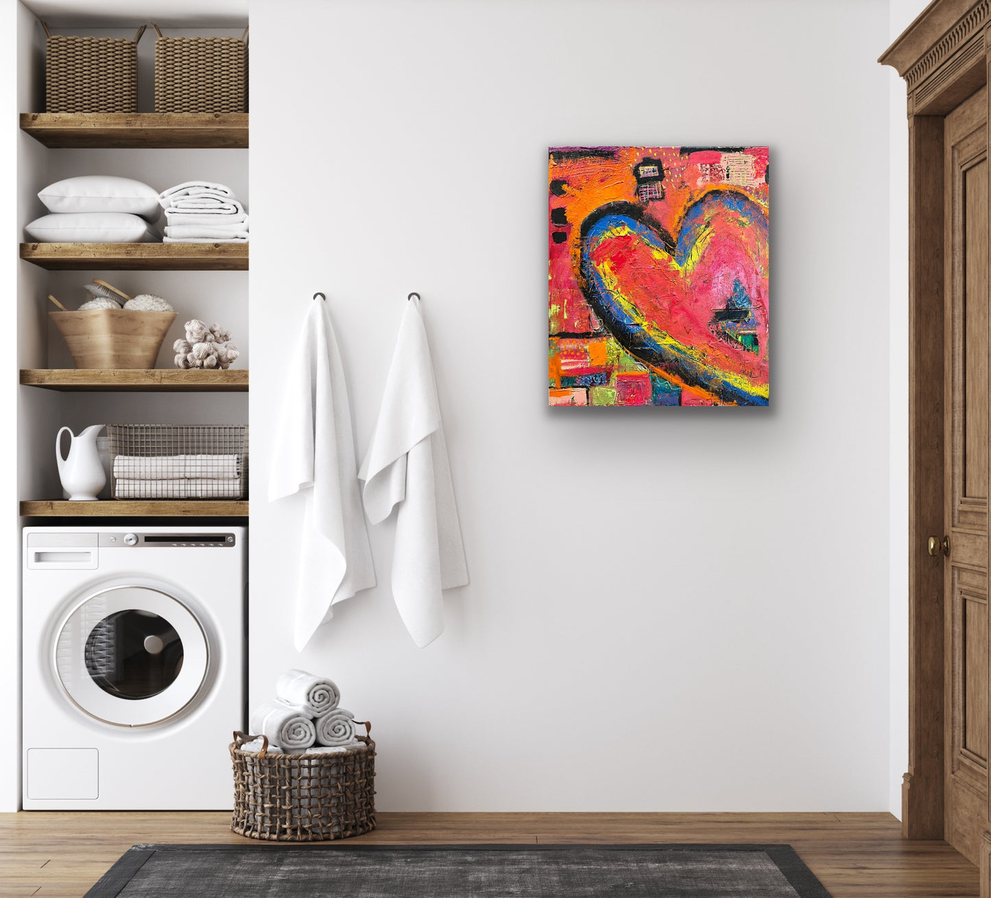 Textured abstract heart painting with vibrant shades of red, orange, yellow, blue, and pink on an 18x24 inch canvas by Cindy Trestman Home