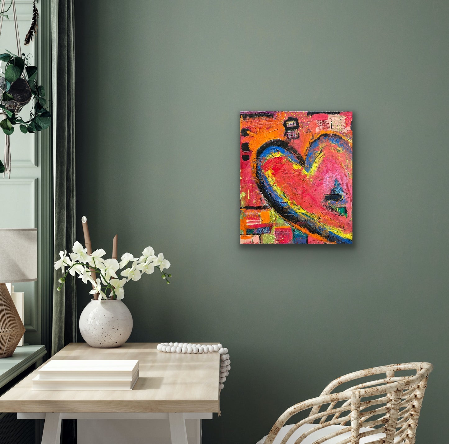Textured abstract heart painting with vibrant shades of red, orange, yellow, blue, and pink on an 18x24 inch canvas by Cindy Trestman Office