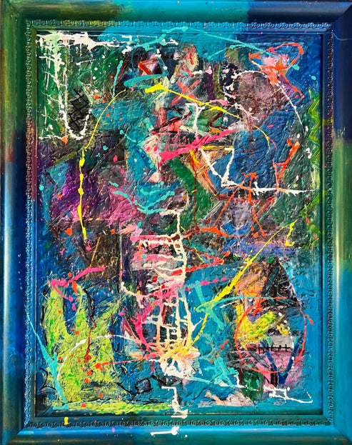 Bold abstract painting with colorful splatters and textures in neon and jewel tones, framed in an integrated blue border on a 36x48 inch canvas by Cindy Trestman.