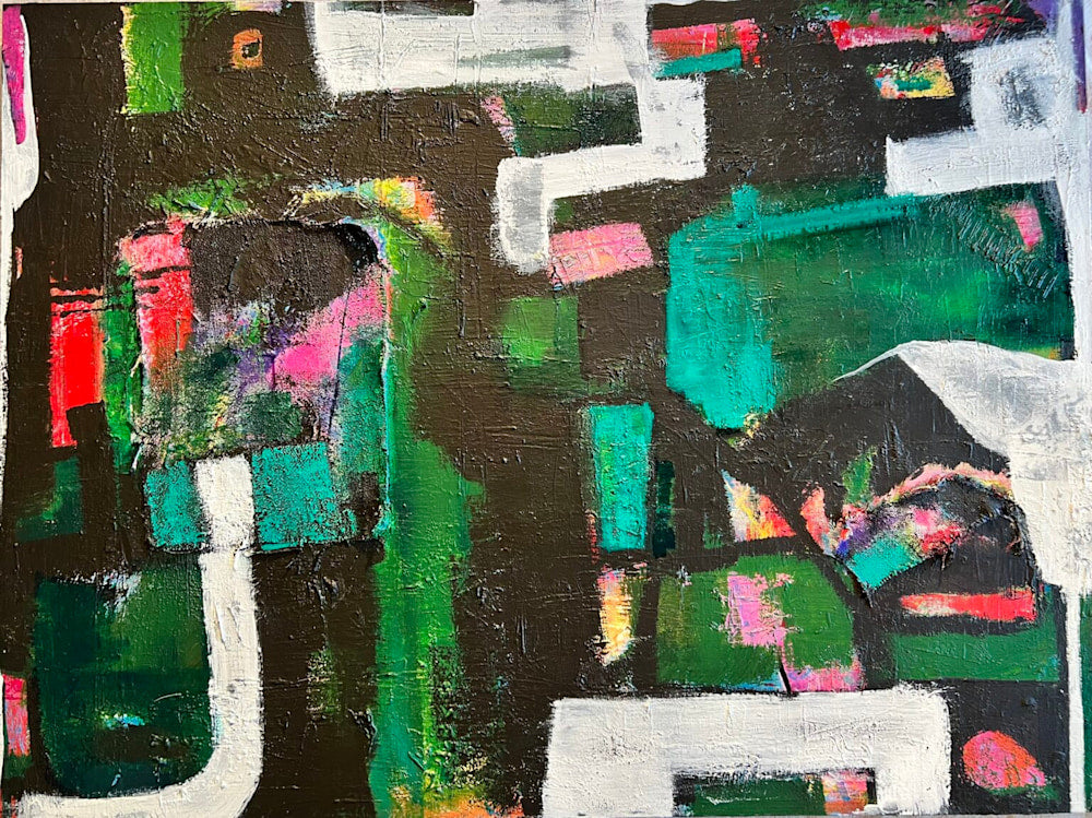 Horizontal abstract painting with bold white lines, vibrant green, teal, pink, and textured black blocks on a 36x48 inch canvas by Cindy Trestman.