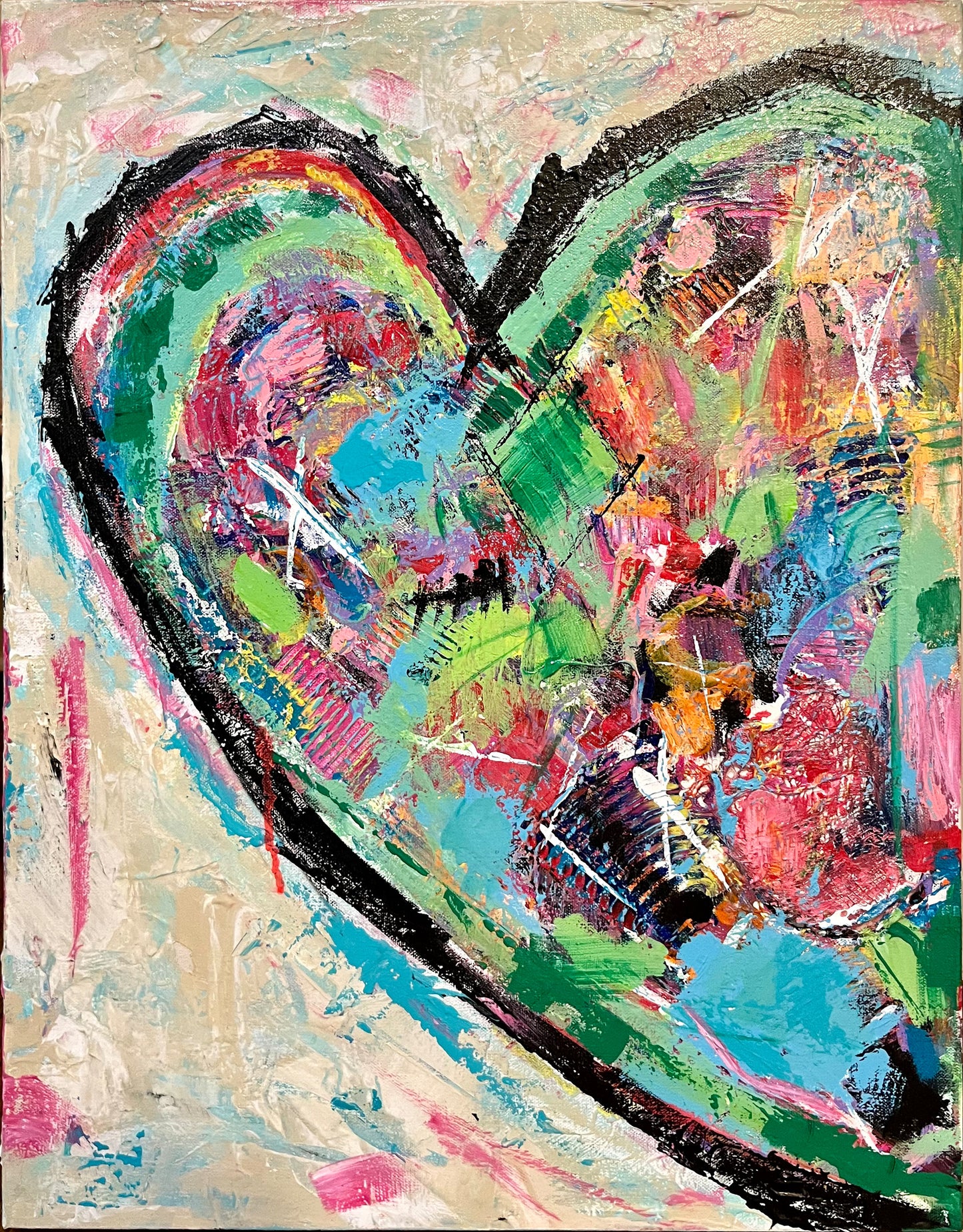 Textured abstract heart painting in vibrant colors like teal, pink, green, and red on an 18x24 inch canvas by Cindy Trestman.