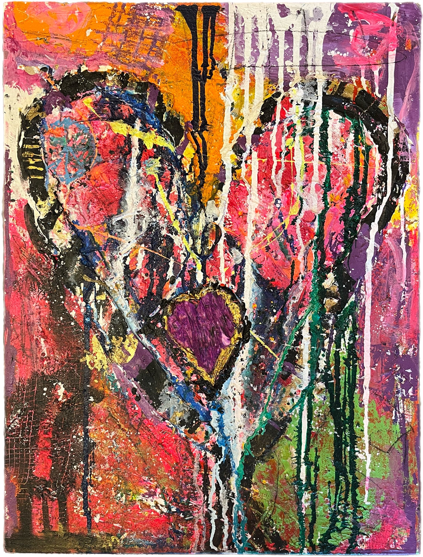 Textured abstract heart painting with dripping white paint, layered twin hearts, and a gold-trimmed purple heart on an 18x24 inch canvas by Cindy Trestman.